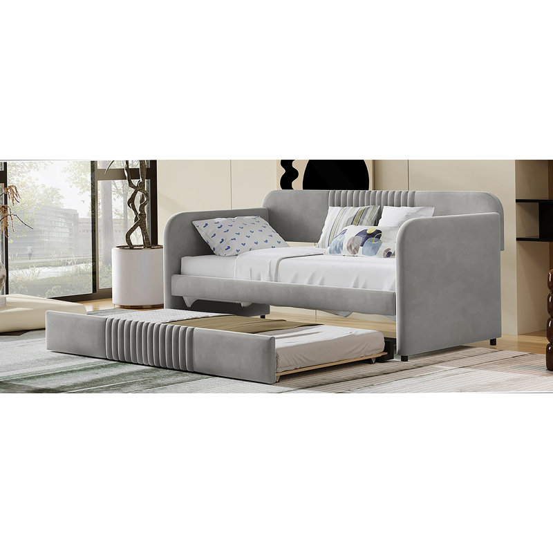 Upholstered Daybed Sofa Bed Twin Size With Trundle Bed And Wood Slat ,Gray
