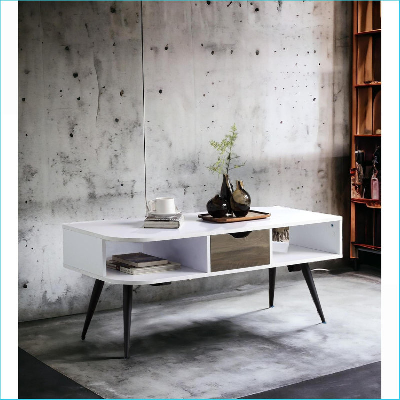 Halima White & amp; Table basse noire avec 1 tiroir & amp; 2 compartiments ouverts, peu encombrants pour le salon