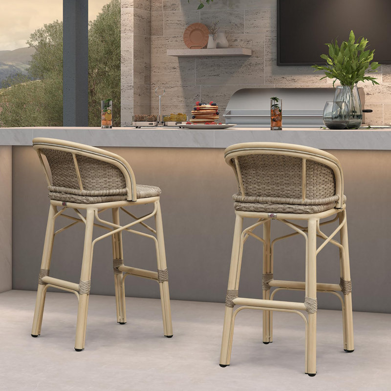 Tabouret de bar extérieur en rotin PE style campagne française PURPLE LEAF avec accoudoirs ergonomiques (1 chaise), Beige