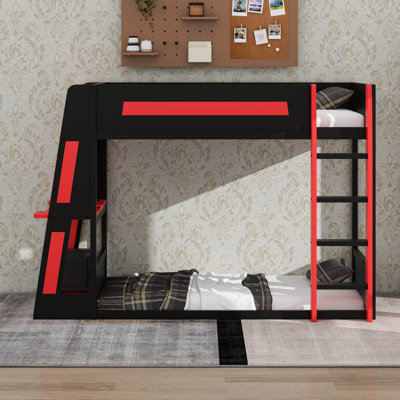 Lit mezzanine simple avec bureau et DEL et USB, lit superposé en bois avec tablettes de rangement, échelle