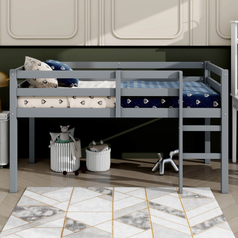 Twin Elevated Loft Bed With Ladder And Strengthened Slat Bed Base, Gray