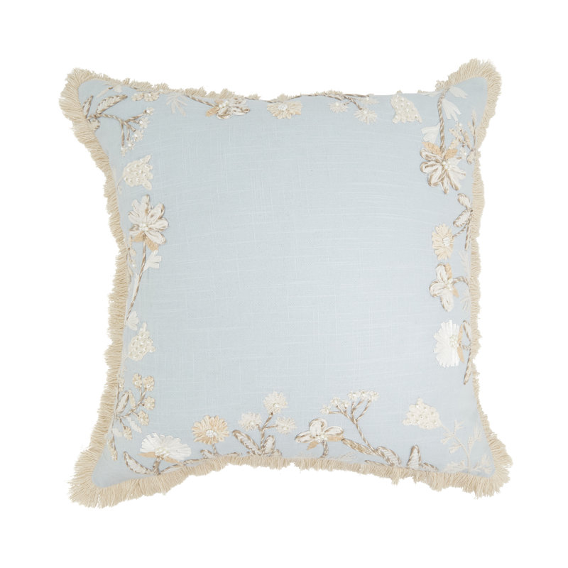 Graceful Embroidered Floral Pillow, Blue, No Insert