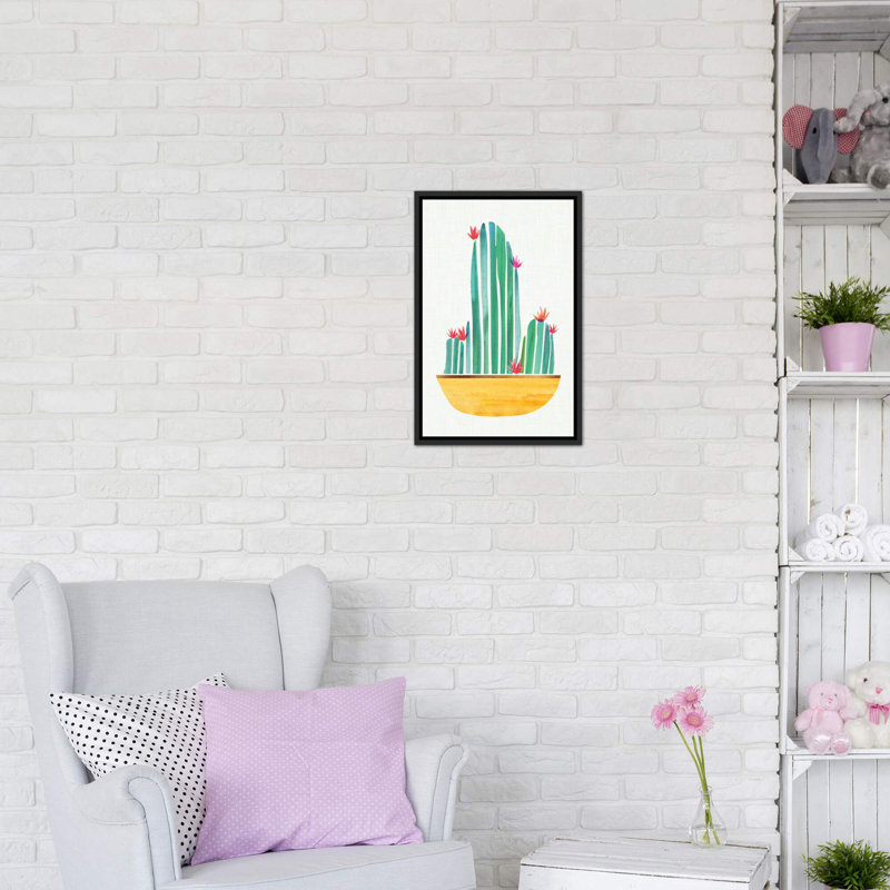 «Tiny Cactus Blossoms II» par Modern Tropical - reproduction d'art, Toile avec cadre noir patiné, Pas de tapis