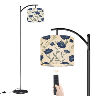 Arc Floor Lamp with Adjustable Lampshade Blue Cornflower Floral Soft Green Leaves Cream Standing Lamp 3 Color Temperatures Dimmable Tall Pole Lamp with Foot Switch for Bedroom