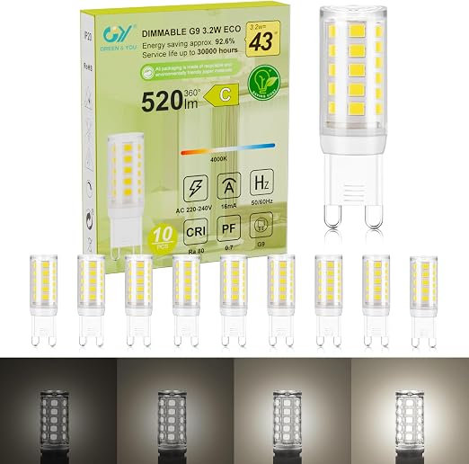 GY G9 LED Lamp Dimmable Neutral White 4000K, 3.2W Equivalent to 43W, 520 Lumens, LED Light Bulb, Energy-Saving Mini Light Bulb, No Flickering, LED Bulb for Indoor Lighting, 10 PCS