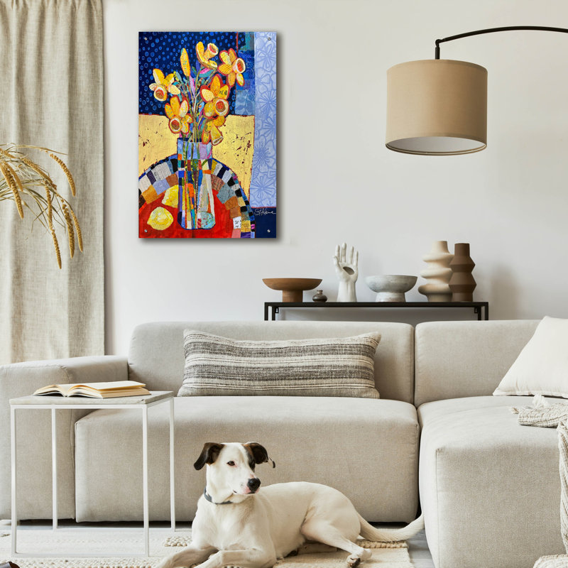 «Daffodils And Dots» par St Hilaire Elizabeth, art mural en verre acrylique, 24 po x 36 po