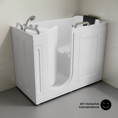 Baignoire à porte Auvergne 53 po x 27 po, conforme aux normes ADA, avec vidange à gauche, blanc brillant, robinetterie, vidange, barres d'appui et oreiller inclus.
