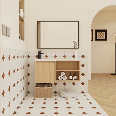 Corner Floating Bathroom Vanity With Integrated Sink, Soft-Close Door, Open Shelves, And For Modern, Space-Saving Design