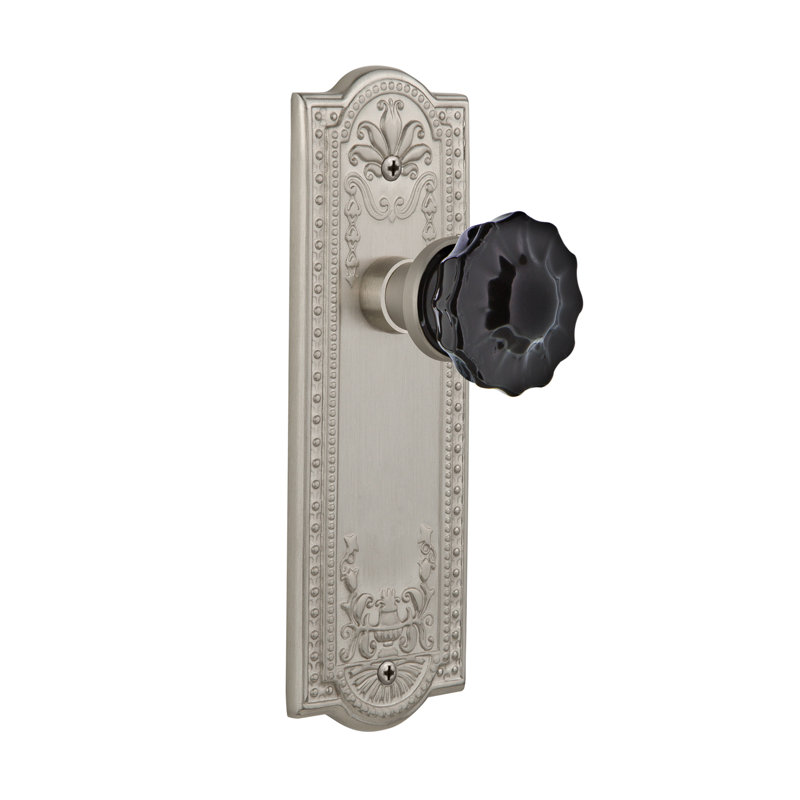 Plaque Meadows avec bouton de porte noir cristal, Nickel satiné