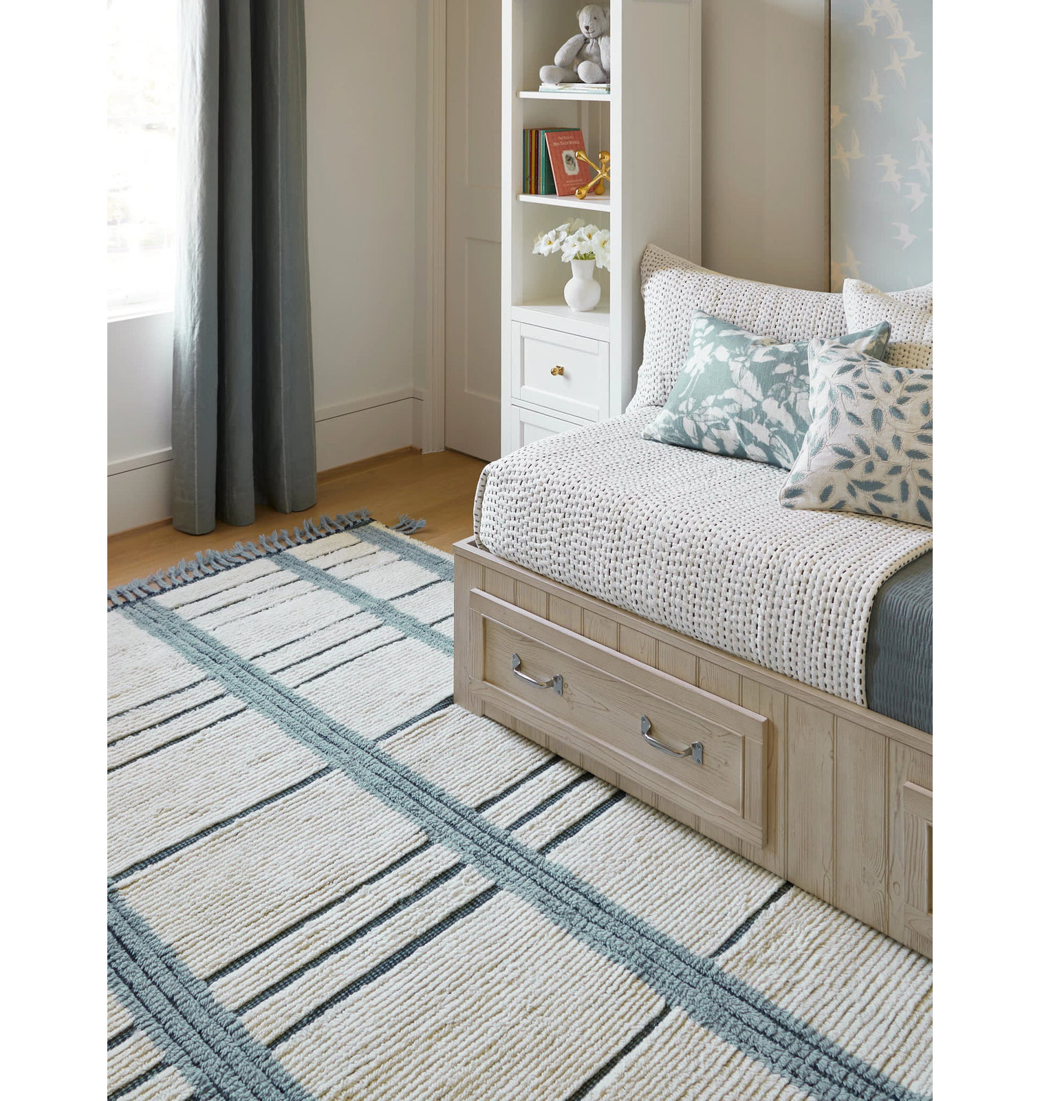 Tory Pewter Blue Hand-Knotted Plaid Wool Rug, Rectangle 8'6" x 11'6"