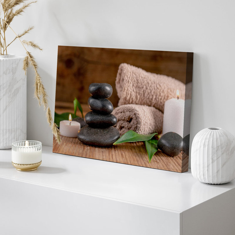 Zen, pierres, serviettes, massage, bougies en pierre, lessive, photographie de salle de bain, art moderne, H 16 po x l 24 po