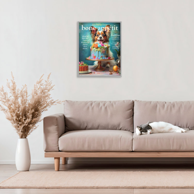 «Bone Appetit Dog», magazine parodique encadré, design par Grotto Studios, H 20 po x l 16 po, Estampe numérique Farmhouse