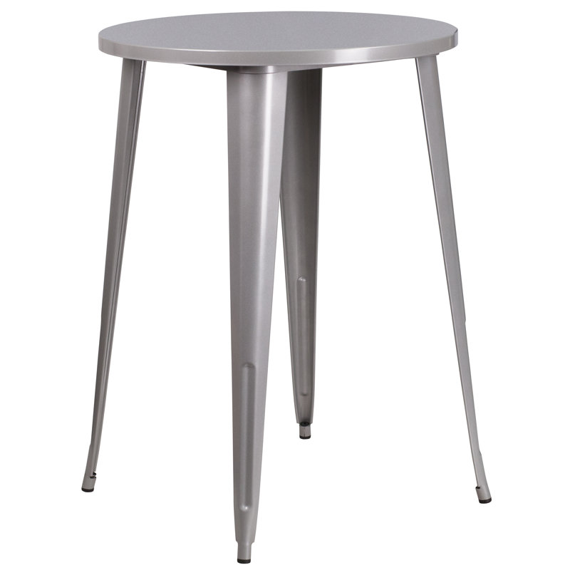 Drumfane 30'' Round Metal Indoor-Outdoor Bar Table Set with 2 Vertical Slat Back Stools, Silver, 30'' x 30'' x 41''