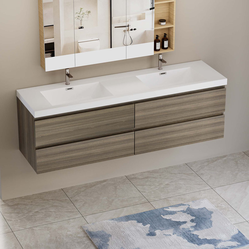 Meuble-lavabo flottant 72 po avec lavabo 72 po, Gris cendré