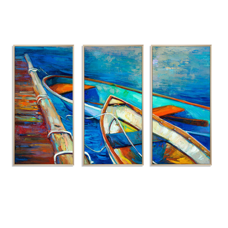Bateaux et jetée dans une ombre bleue - peinture sur toile flottante 3 pièces, L 36 po x H 20 po, Cadre brun