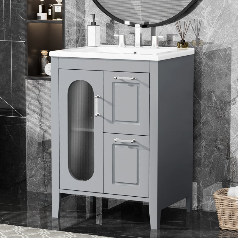 24" Bathroom Vanity, Grey, Solid Wood & , Cabinet With Sink, Two Drawers, Adjustable Shelf Modern Vanity 24", Sink Storage