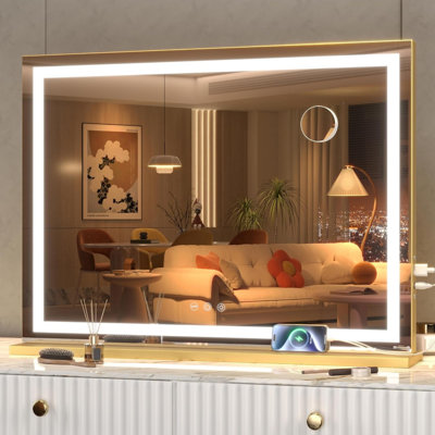 32" X 22" LED Lighted Makeup Vanity Mirror With Dimmable 3 Color Modes, Touch Screen Control, Wall Mounted Or Tabletop, Square Gold