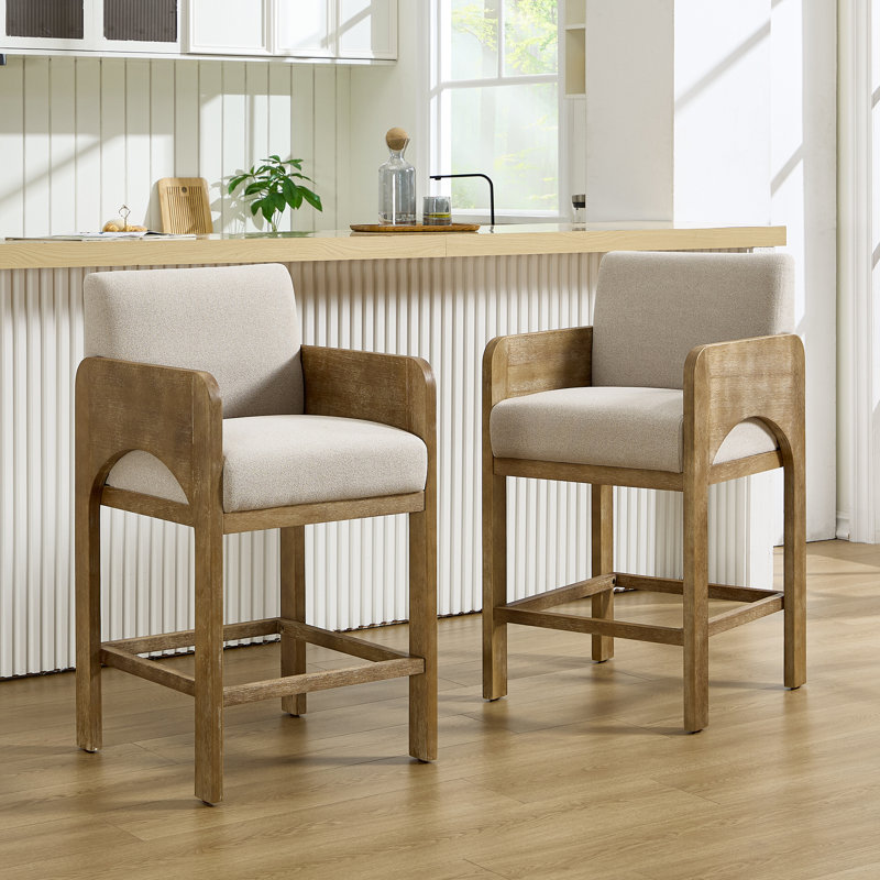 Upholstered Seat Counter Stool With Solid Wood Frame, Arch-Shaped Arm Bar Height Counter Stool For Kitchen/Dining Room/Restaurant
