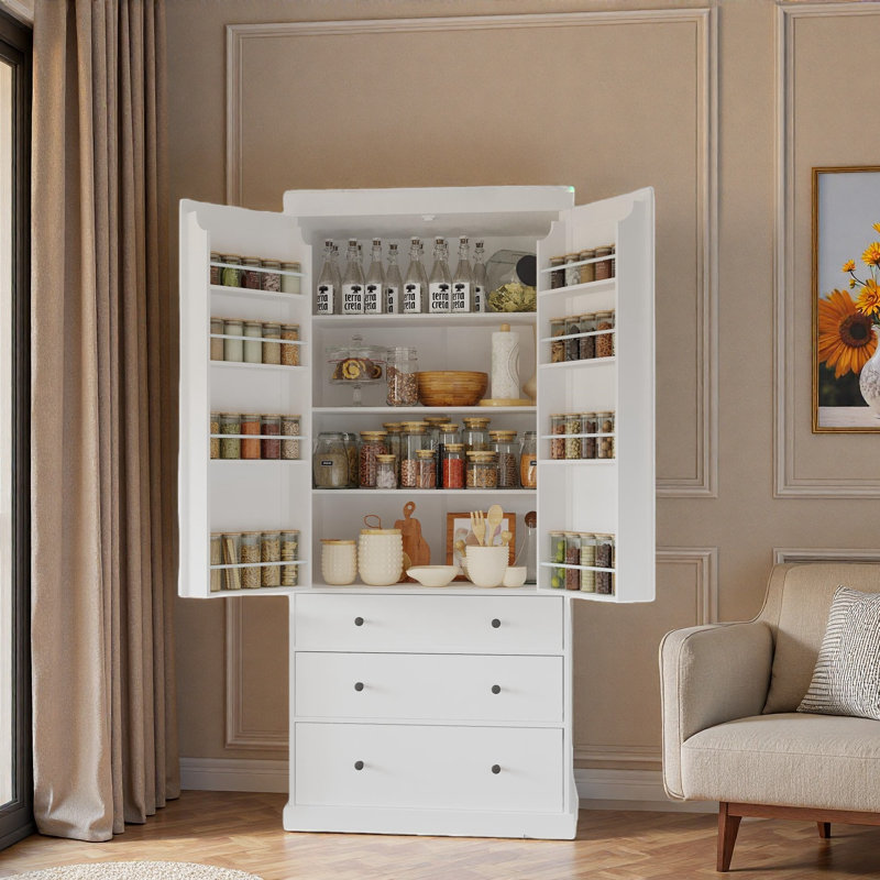 Garde-manger Farmhouse avec 3 tablettes réglables, 8 tablettes de porte et 3 tiroirs, Blanc