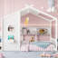 , Twin Size Floor House Bed, Semi - Enclosed Play Area, Storage Shelf, Construction White, , Space, Pine Frame