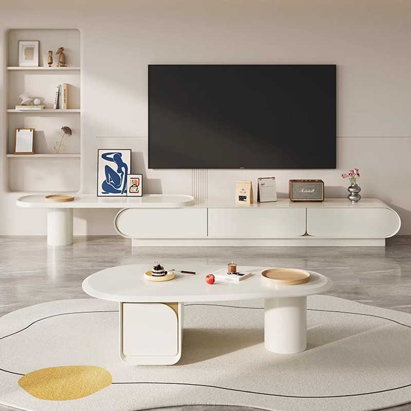 Ensemble de meuble télé extensible et table basse en bois, Blanc