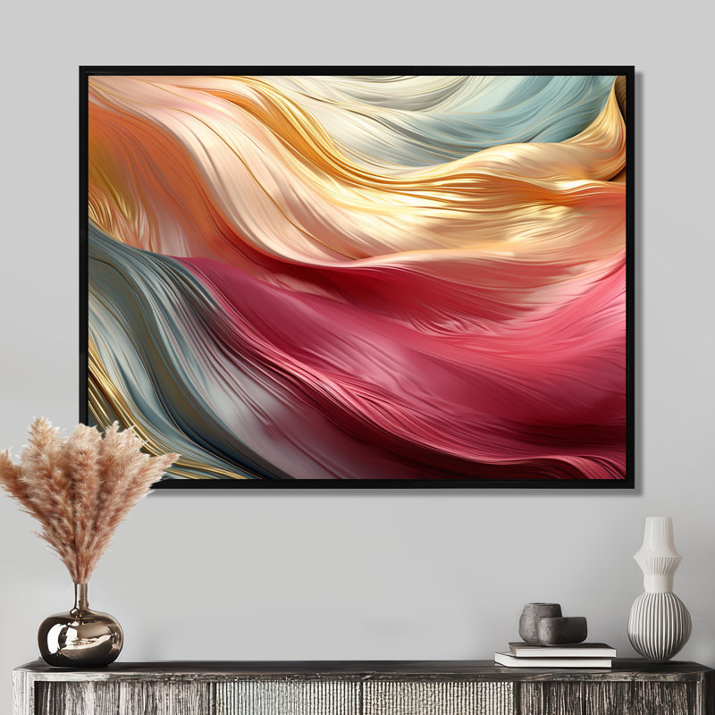 Liquide ruisseaux rose or bleu - vagues art mural salon, Toile avec cadre flottant noir, H 12 po x l 20 po x P 1 po