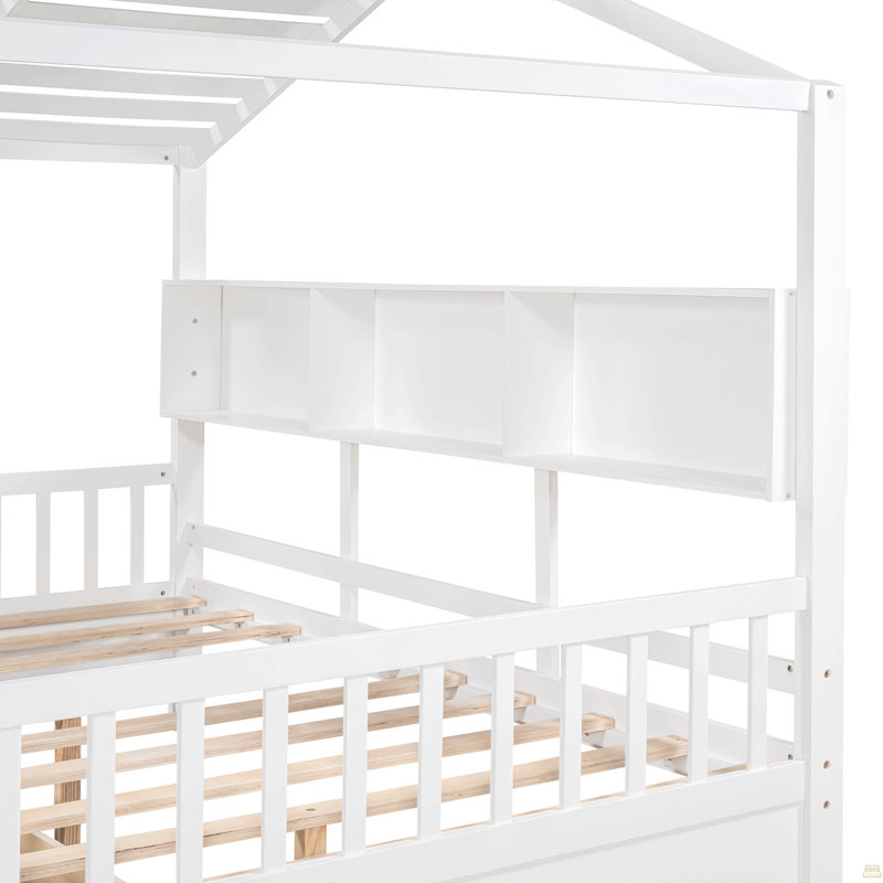Lit double en bois avec 2 tiroirs, lit pour enfant avec tablette de rangement, Lit double