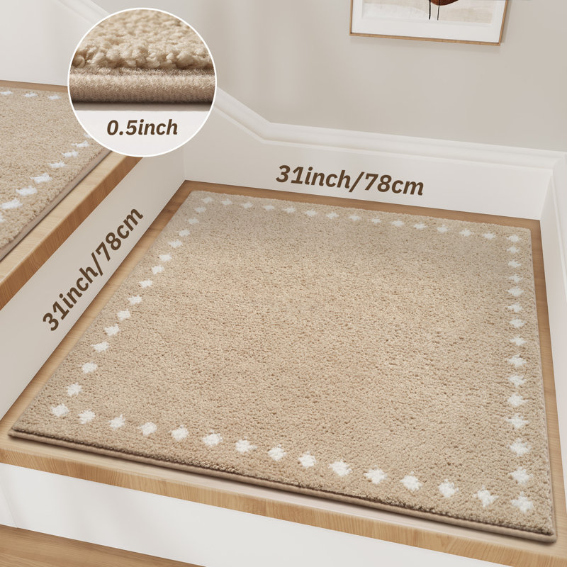 Tapis d'escalier antidérapant doux et moelleux beige (ensemble de 15), Beige, Carré 2 pi 7 po, 1 pièce incluse