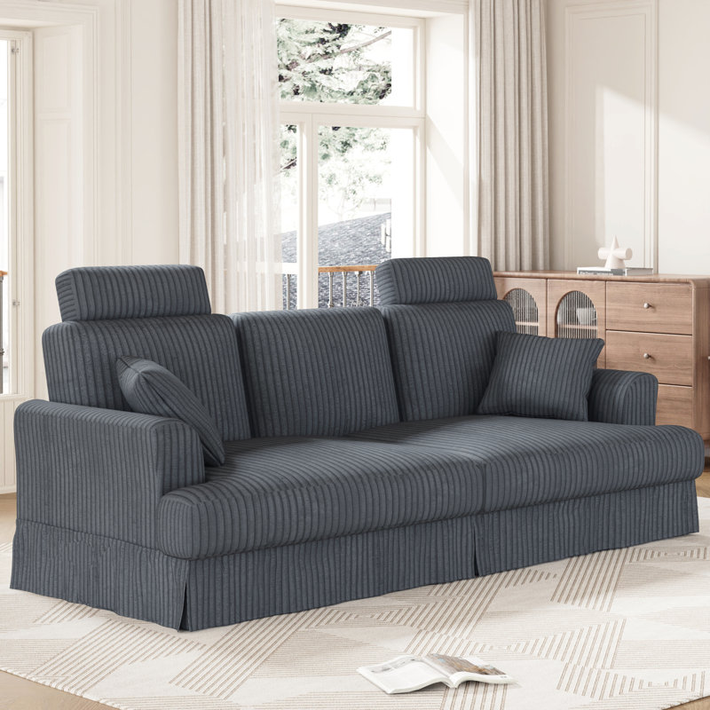  87-inch corduroy 3-seater sofa features a skirt design and two seats with headrests-Gray, Gray