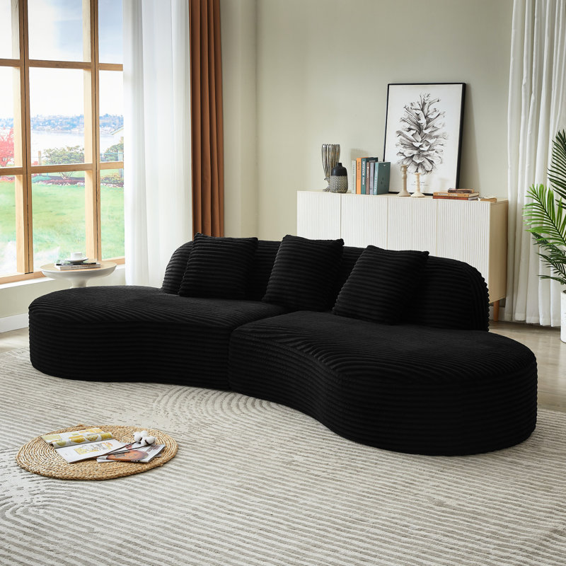 Comfort - Laden 4 Seat Black Corduroy Compressed Upholstered Curved Sectional , Spring Packed, No Assembly, Ideal For Living Spaces Versatile Filled Support, Adds Sophistication To Rooms