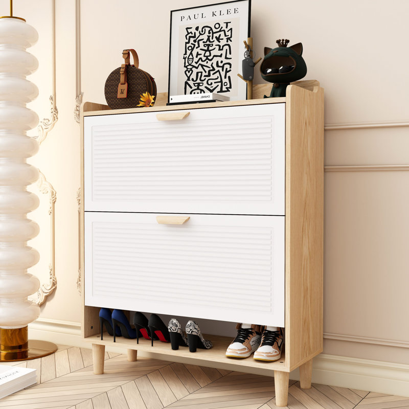 31.5 Inch Nordic Style Shoe Storage Cabinet With 2 Flip Drawers, Freestanding Organizer With Solid Wood Legs For Entryway, Narrow Shoe Rack Cabinet