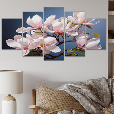 Rose et blanc, magnolia Magnolia Awakening - Art mural sur toile floral - 5 panneaux