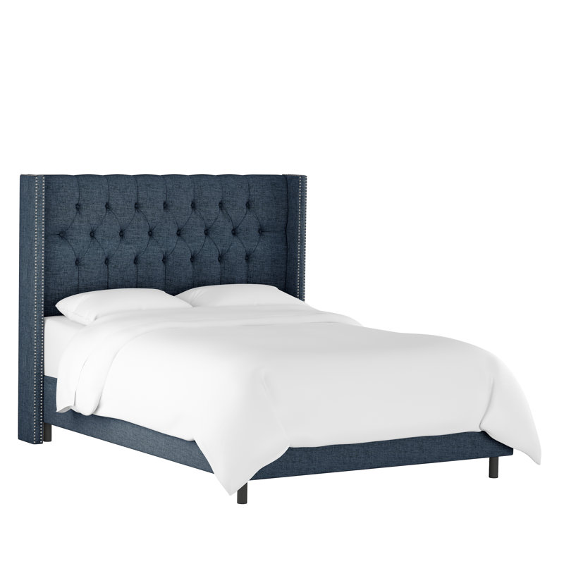 Lit tapissier standard Casstown, Simple, Lin texturé bleu marine Zuma