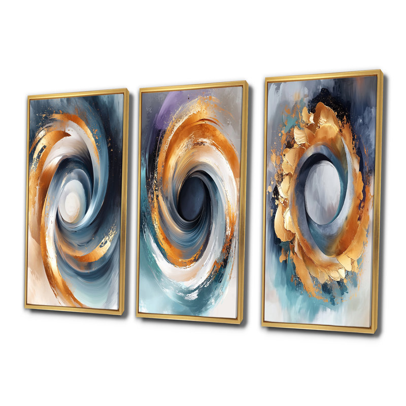 Vortex fractal I - Collection de 3 grands panneaux muraux modernes, H 28 po x l 36 po, Doré