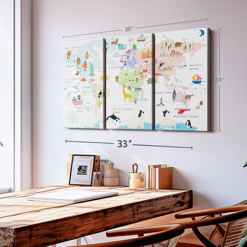 «World Map Continents» sur toile, H 24 po x l 38 po x P 1,25 po