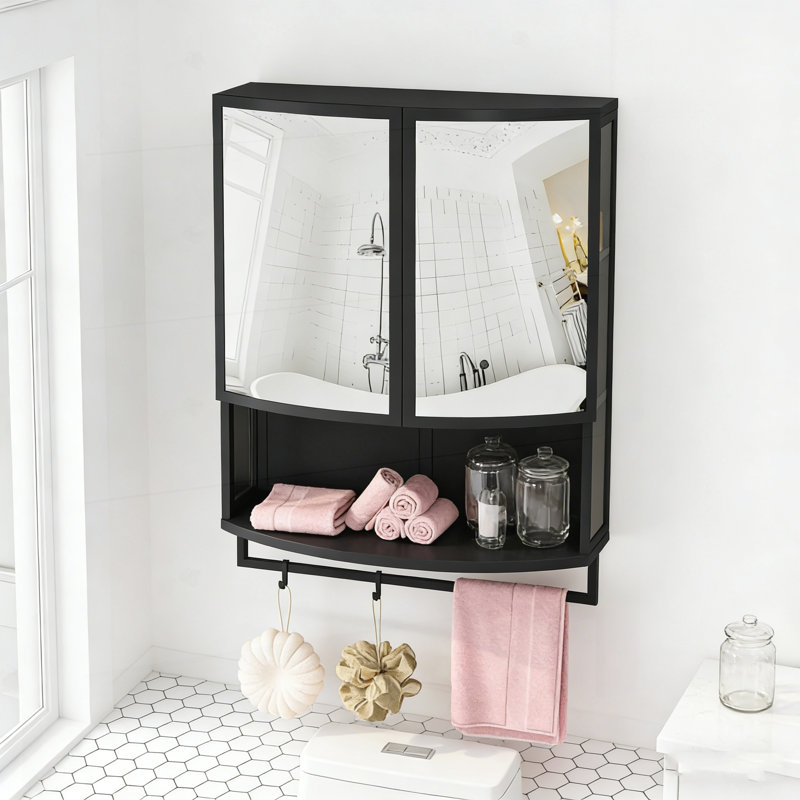 23.62"Modern Arched Glass Double-Door Wardrobe with Shatterproof Non-Glass Mirror-Double-Layer Storage,Open Shelf & Towel Rack for Entryway, Living Room,Bathroom, Dining Room