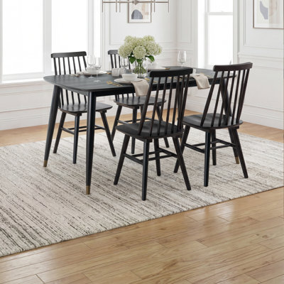 5-Piece Rectangular Table Set, Dining Table & Beveled Edges, Metal-Capped Tapered Legs, 4 Wooden Chairs Solid Para wood Frame, Spindle Back, Eboney Black Finish
