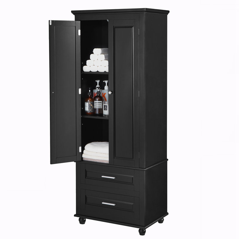 Rhasaan Freestanding Linen Cabinet with Two Drawers, Black