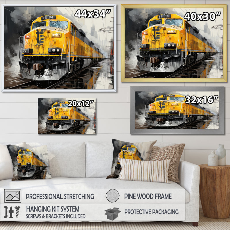 Yellow Grey Train Geometric Momentum Yellow II - Transportation Wall Decor, H 12 po x l 20 po x P 1 po, Cadre flottant noir