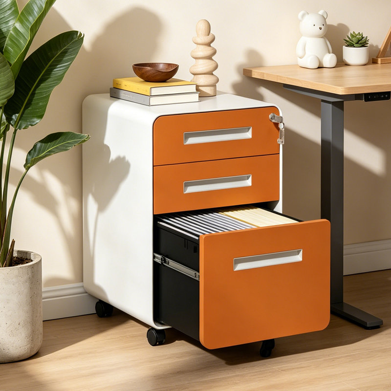 Classeur mobile en métal à 3 tiroirs Abheek Makeace, entièrement assemblé et avec serrure, format lettre/légal, orange, idéal pour le bureau à domicile.