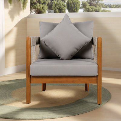 Chaise d'extérieur en bois d'acacia tissé avec dossier à corde et coussins amovibles