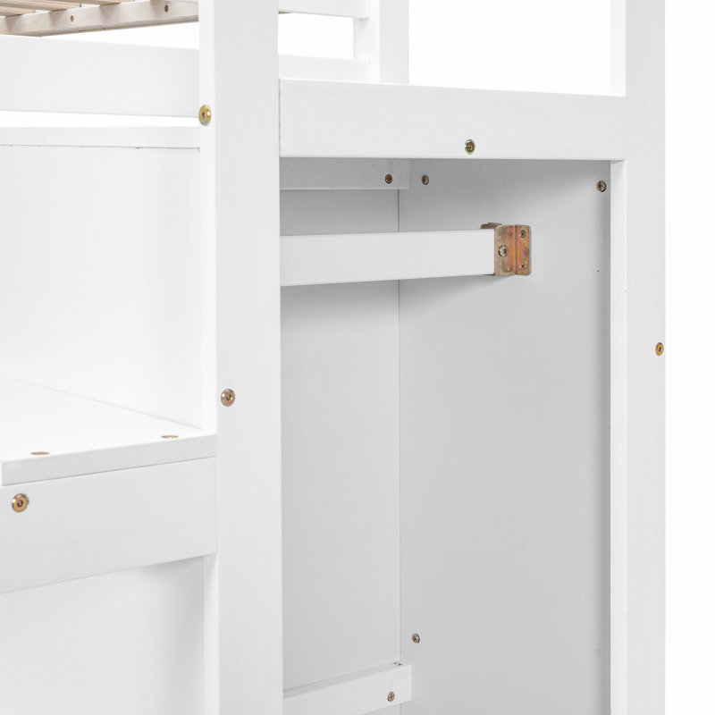 Jaelina Full Size Loft Bed with Built-in Storage Wardrobe and Staircase, White