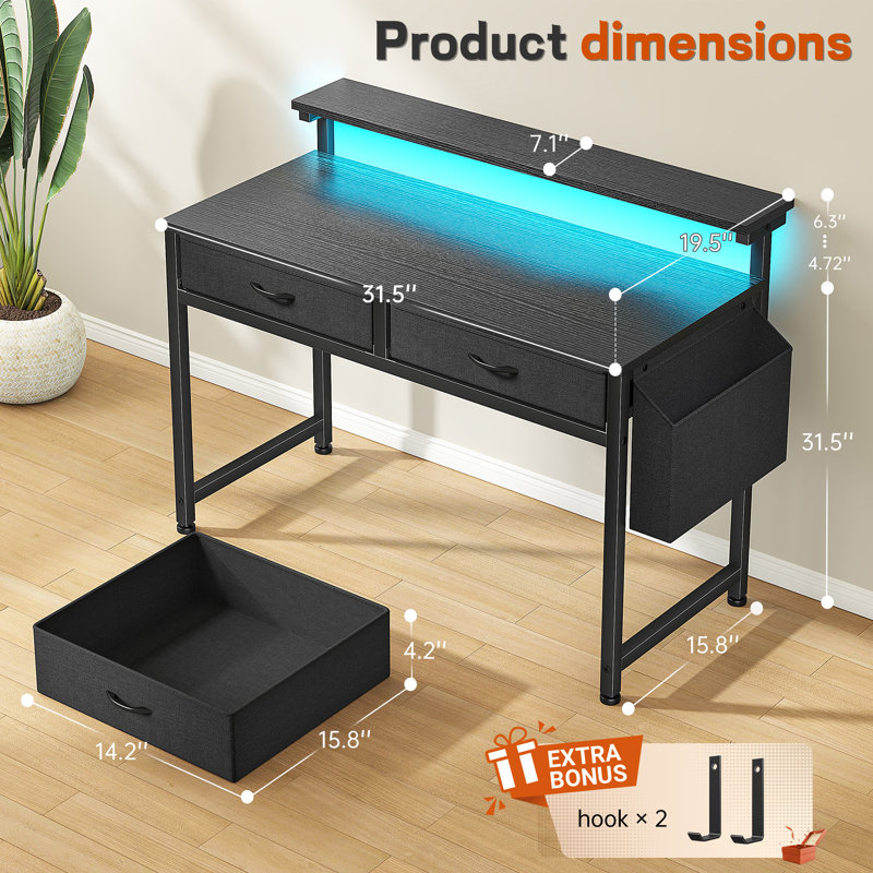 Small Computer Desk With 2 Drawers & LED Lights,Home Office Desks With Side Pocket And Monitor Stand, Black