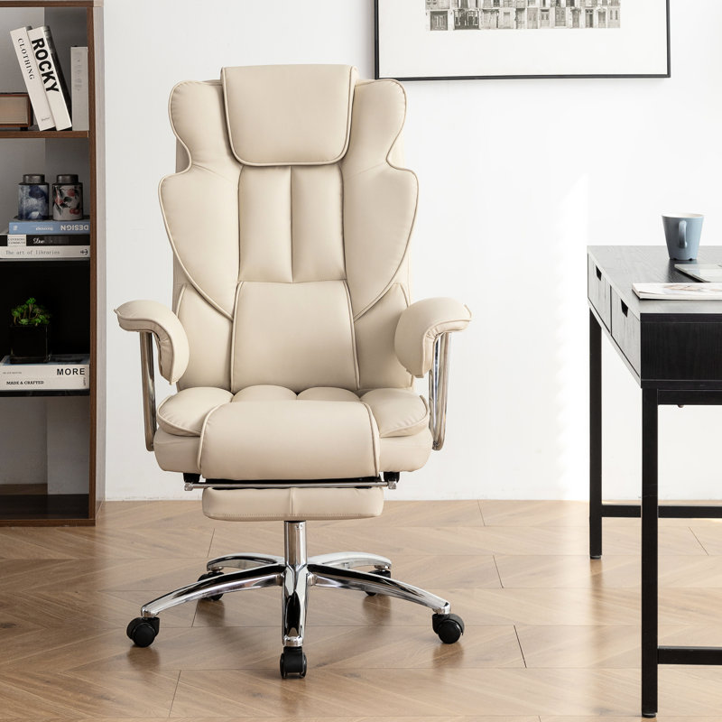Chaise de bureau ergonomique inclinable avec repose-pieds - Cuir beige pour les grands espaces de travail