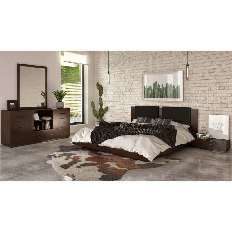 Ensemble de chambre à coucher 4 pièces Fantasia - Noyer foncé et gris foncé, Noyer foncé / gris foncé, Grand lit