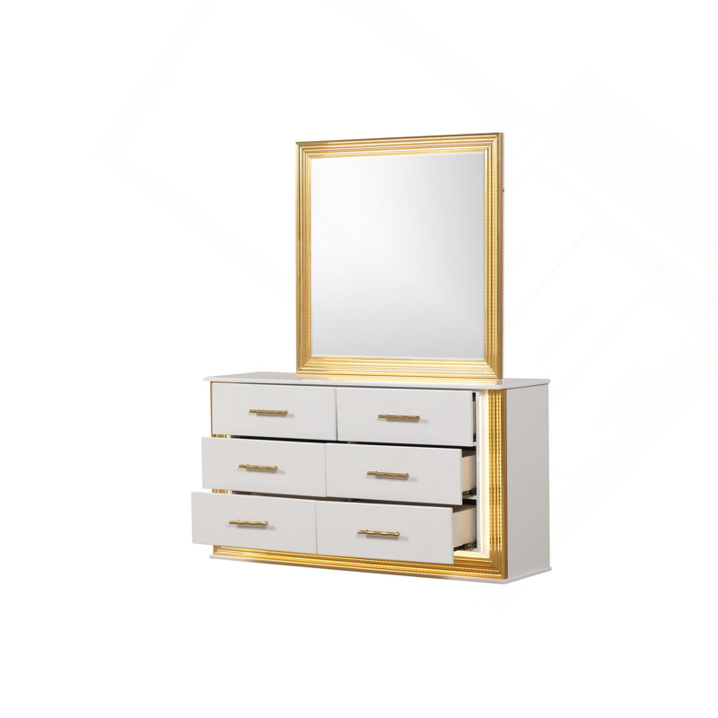 Commode à 6 tiroirs de style contemporain Obsession en bois et finition dorée, Blanc / Doré