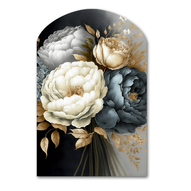 Rhiannon - pivoines asymétriques en métal, sculpture murale en arche, H 43 po x l 33 po