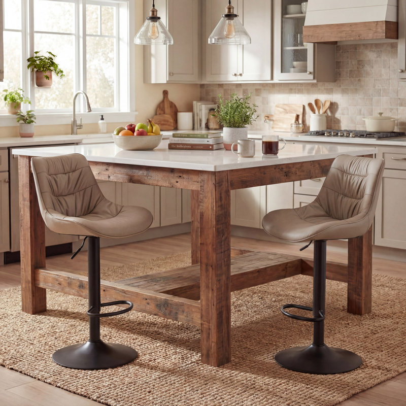 Latiera Swivel Adjustable Height Bar Stools Faux Leather Counter Stools with Footrest, Khaki