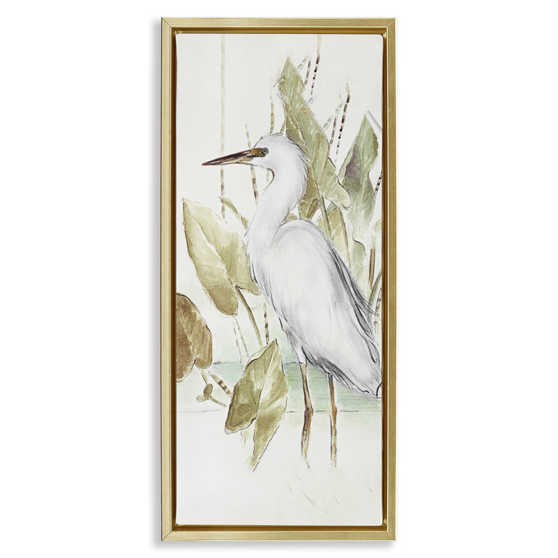 «Egret in Lake», art mural sur toile par Lanie Loreth, H 25 po x l 11 po, Cadre flottant métallique doré