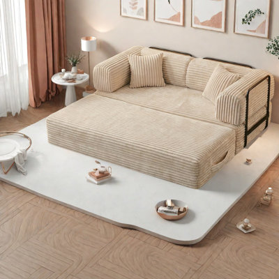 Compact Beige Foam Sofas, Corduroy Convertible For Living Bedroom